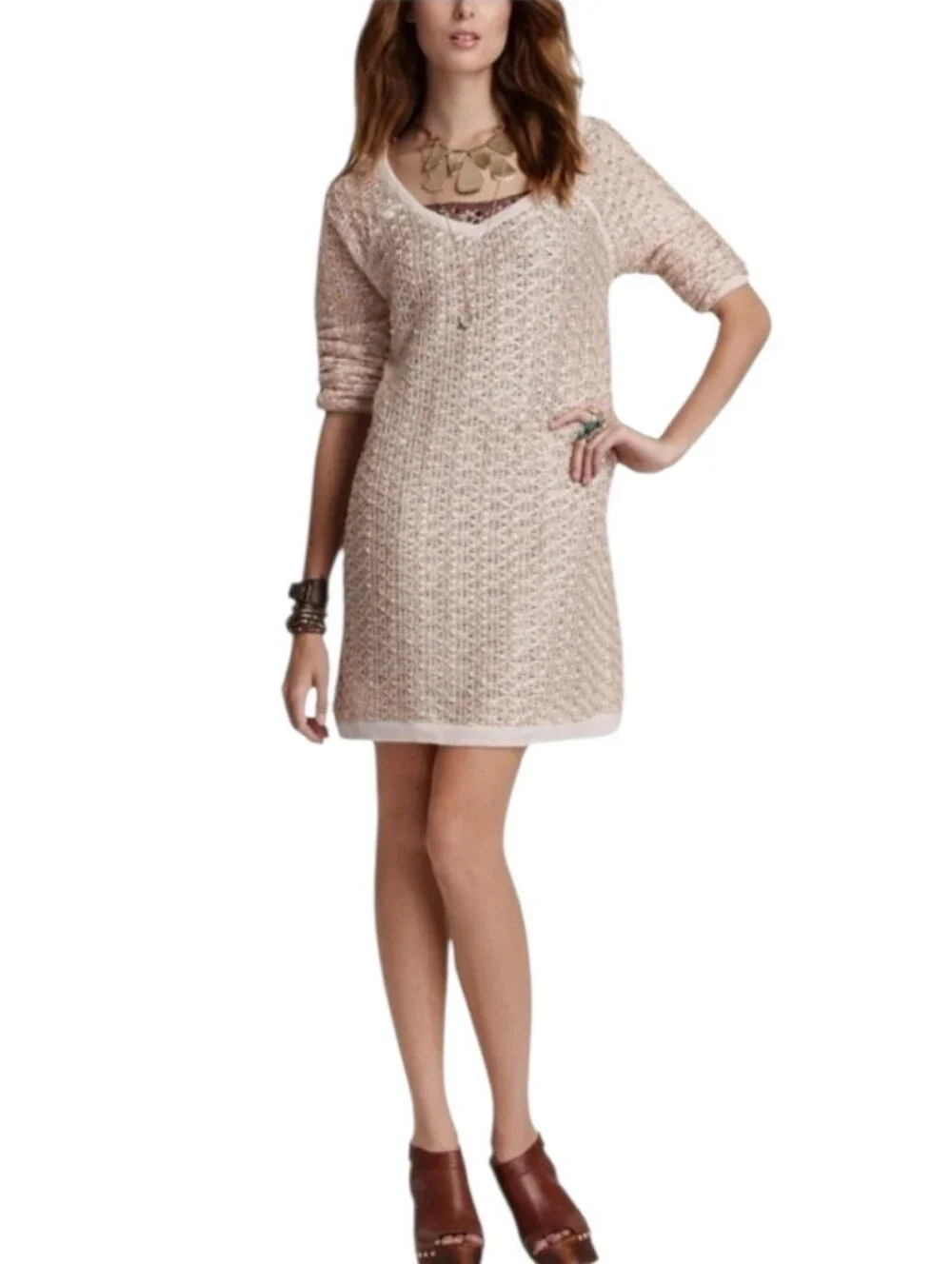 Free People New Romantics Joan of Arc Gold Cream Weave Mesh V-neck Coverup Large - Picture 4 of 12
